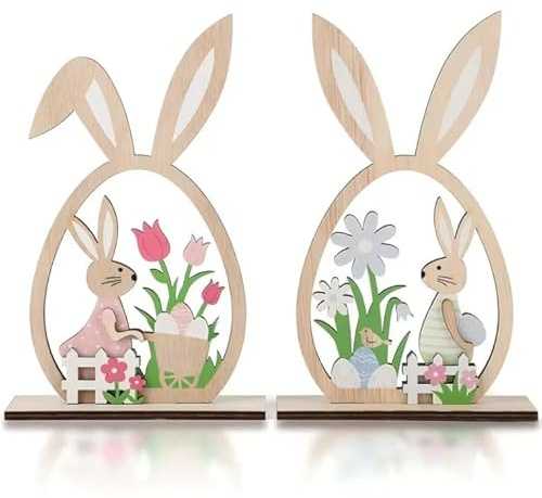 Osterhasen Holzdeko im Ei-Design – Liebevolle Osterdekoration aus Holz für Tisch, Fensterbank & Regal, Frühlingsdeko im Landhaus Stil, ideale Geschenkidee zu Ostern, 18 cm hoch x 12 cm breit
