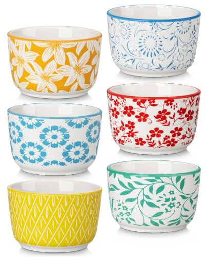 vancasso 180 ml Ramekin Set of 6, Colorful Floral Porcelain Souffle Dishes | Patterned Creme Brulee Ramekins, Baking Cups for for Pudding/Desserts/Dips/Air Fryer, Dishwasher and Oven Safe Dipping Bowls