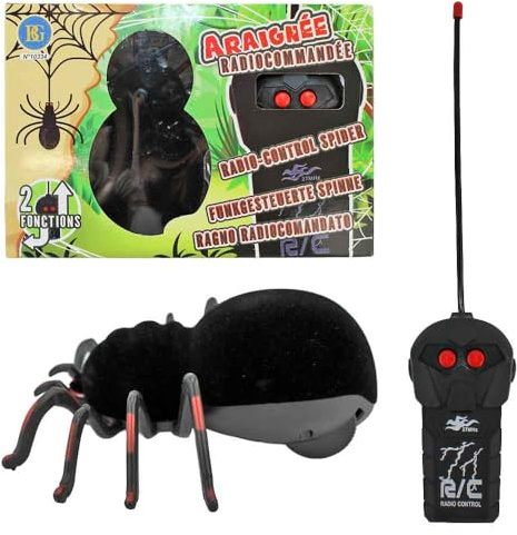 BEMIRO Ferngesteuerte Spinne – ca. 13 cm – schwarz mit Filzüberzug – einfache Steuerung mit 2 Tasten – RC Spielzeug für Kinder ab 6 Jahren – gruseliges Gadget für Spaß & Streiche