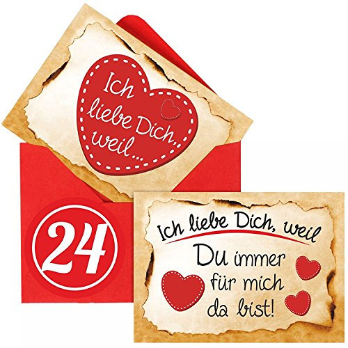 Adventskalender Füllung Set mit 24 Liebesbeweisen in Kärtchen-Form inkl. roten Umschlägen