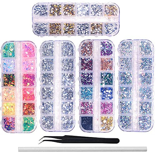 6400pcs Nail Art Rhinestones, Nail Crystal Gems Nail Diamonds, Gold Silver Nail Studs Colorful Nail Sequins & Rhinestones for Nails Kit with Tweezers and Wax Pen for Nail Art Supplies Accessories