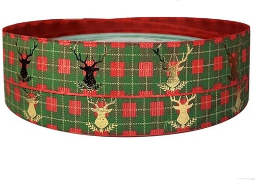 Red & Gold Tartan Reindeer Christmas Santa Grosgrain 25mm Ribbon for Gift Wrapping Bows & Christmas Eve Boxes Decorations (2.3m)