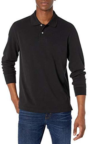 Amazon Essentials Men's Regular-Fit Long-Sleeve Pique Polo, Black, L