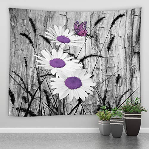 AMNYSF Wandteppich, floraler Wandbehang, violett, grau, weiß, Gänseblümchen, Schmetterlinge, schwarzer Fuchsschwanz, Gras, Dekor, gewebter Hintergrund für Schlafzimmer, Wohnheim, 177 x 178 cm
