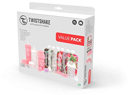 Twistshake Biberons, 4 Tétines, Attache-tétine, Anneau de Dentition, Tasse d'Apprentissage, 6 x Gourdes Compote sans BPA, Blanc/Rose - Lot de 3