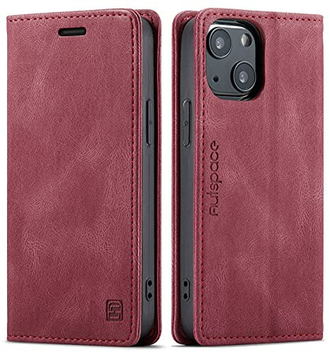 LOLFZ Wallet Case for iPhone 13 Mini, Magnetic Flip Leather Case with RFID Block Card Slots Kickstand Shockproof Protective Cover Compatible with iPhone 13 Mini 5.4 Inch - Red