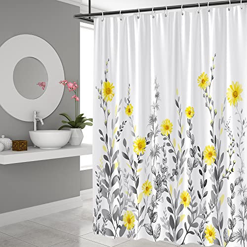 QWRSMYX Duschvorhang, Blumenmuster, Gelb, Grau, Gänseblümchen, Landhausblumen, Pflanzenblatt, weißer Hintergrund, Dekostoff, Badezimmer-Set mit Haken, 178 x 178 cm