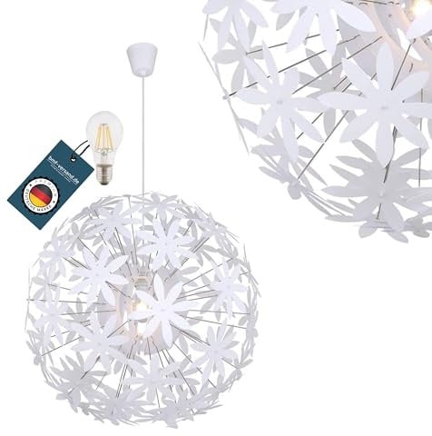 bmf-versand® - Hängeleuchte modern mit Weißen Kunststoffblüten – Vielseitig Einsetzbare Deckenleuchte - Pendelleuchte - Pendellampe Jugendzimmer - Kugelleuchte mit Angenehmem Lichtspiel
