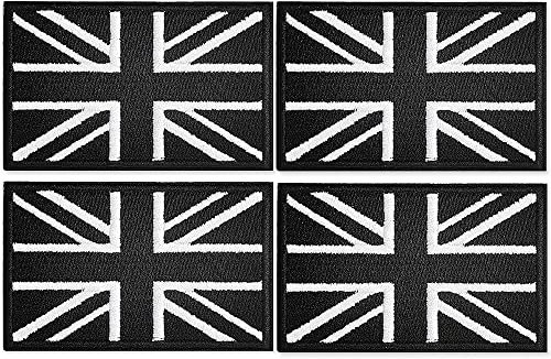 4Pcs British Union Jack Patch Black & White Tactical British Union Jack Flag Patch United Kingdom Embroidered Fabric Patch Hook and Loop Applique for Military Uniform Tactical Bag Jacket Jeans Hat
