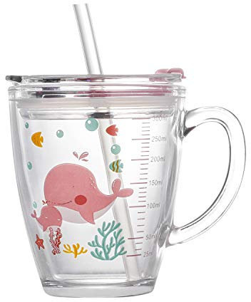 Tasse à Lait Enfant avec Paille Silicone Couvercle Tasse en Verre Transparent 400ml Tasse de Lait Tasse d’Eau de Dessin Animé Transparente avec Échelle Verre à Boire avec un Couvercle Anti-Fuite Mug
