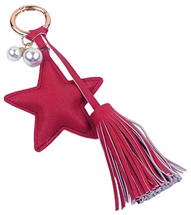 Shining crown Schlüsselanhänger Frau, Leder Quaste Schlüsselanhänger Perle Leder Pentagramm Tasche Charm
