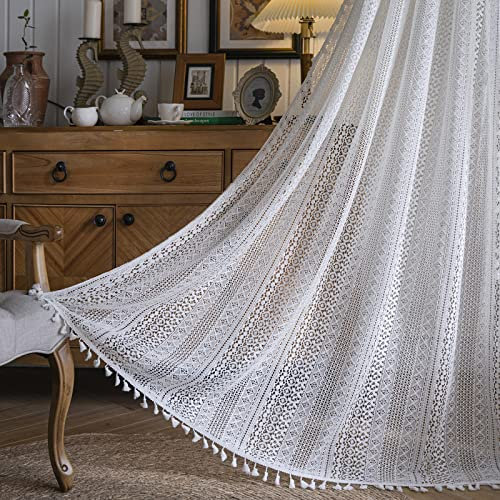 Sutuo Home gehäkelte Boho-Vorhänge ca. 160 cm lang, transparente Spitze, handgefertigte Quasten, gestrickt, Fensterdekoration, Vintage, rustikal, Boho-Stil, Landhaus-Vorhang für Schlafzimmer