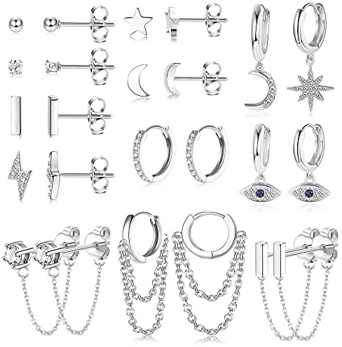 JeweBella 12Paar Kleine Ohrstecker Damen Set Edelstahl Mini Creolen Anhänger mit Kette Stern Mond Ohrringe Hypoallergen Zirkon Ball Evil Eye Ohrringe Creolen Set Gold/Silber