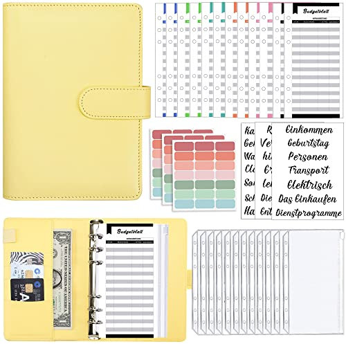 A6 Binder Budget Planner Deutsch: Geld Organizer Budget Planer mit 12 Binder Taschen, 12 Budgetblätter Deutsch, Etikettenaufklebern Sparbuch für Reisen,Tagebuch und Geschenk