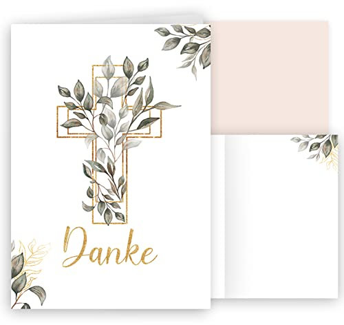 10 Danksagungskarten mit Umschlag Danke Klappkarten Karten stilvoll kreuz Aquarell zart zur Taufe Kommunion Konfirmation Firmung Trauer Blätter grün Gold zum selbst gestalten