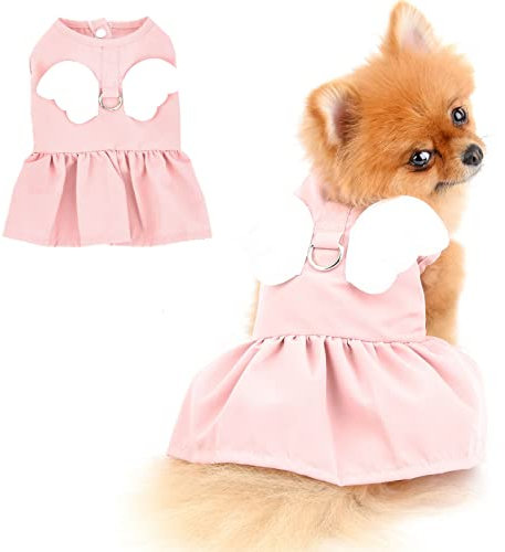 PADEFUL Hund Kleider Geschirr und Leine, Set Engelflügel, Sommerkleid für kleine Haustiere, Mädchen, Hundebekleidung, Katzen, Kleidung, weich, bequem, Welpen-Kostüm, Rosa, XS