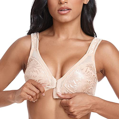 Ayigedu Women's Front Fastening Bras Full Cup Plus Size Non Wired Back Support Posture Bra 38C Beige