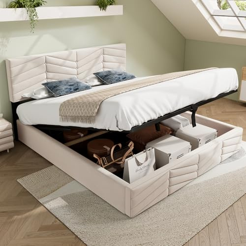 Merax Polsterbett 140 x 200 cm, Hydraulisch Doppelbett mit Lattenrost & Bettkasten, Funktionsbett mit Verstellbares Kopfteil, Samt Continentalbett, für Erwachsene&Jugendliche, ohne Matratze, Beige