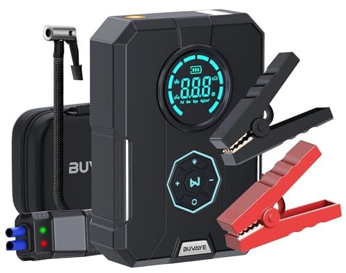 Puissant Booster Batterie Voiture avec Gonfleur 150PSI, 2000A 12V Portable Car Jump Starter (Tout Gaz/5L Diesel), Démarreur Batterie Voiture Lithium avec Grand Écran LCD, Étui EVA, Pince Intelligentes