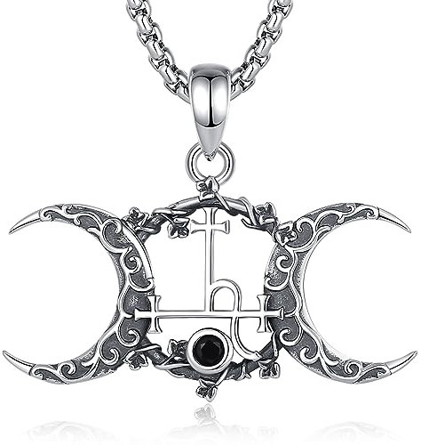 EUDORA Harmony Ball Siegel der Lilith Dreifacher Mond Göttin Kette Damen Sterling Silber 925, Vintage Lilith Witcher Halskette Wicca Amulett Anhänger Runen Schmuck Glücksbringer Geschenk Frauen,50CM