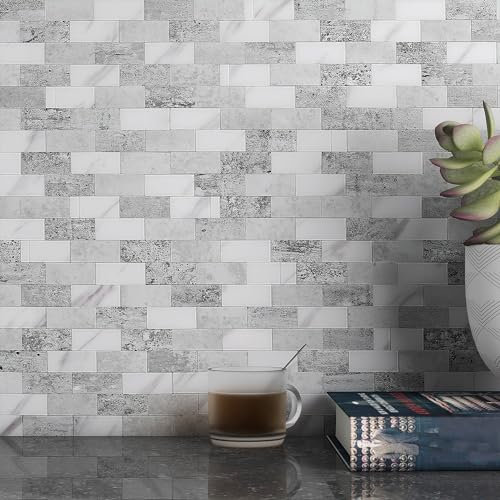 M MOFIT 3D Stone Look Self Adhesive Wall Tiles,Kitchen Splashback Bathroom Stick-on Mosaic Stickers Waterproof(Gray Slate,10sheets)