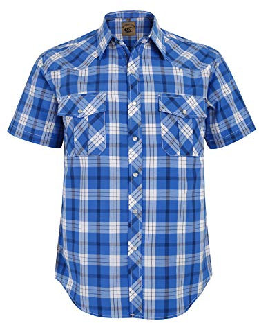 COEVALS CLUB Mens Shirts Short Sleeve Casual Push Button Plaid Suit Regular Fit Western Cowboy Pearl Snap Two Pockets Work Derss Button Up Shirts (White & Blue Plaid #29 L)