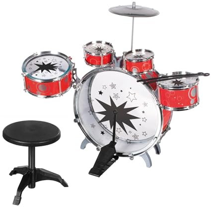 Batteria Musicale per Bambini con Sgabello Batteria Bambini Strumenti Musicali con 5 Tamburi 1 Piatto 1 Sgabello 2 Bacchette Set Percussioni Strumento a Percussione con Sedia Batteria Classica