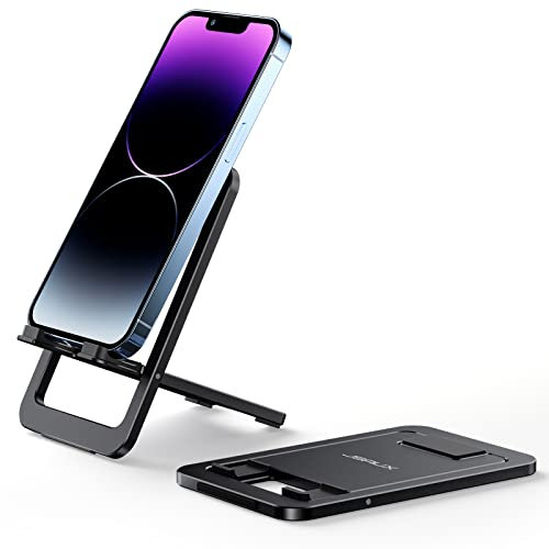 Cell Phone Stand, JSAUX Foldable Aluminum Adjustable Phone Holder for Desk Portable Travel Holder Office Desk Accessories Compatible with iPhone 15 14 13 12 11 Pro Max Samsung S22 S21 A53 Switch Black