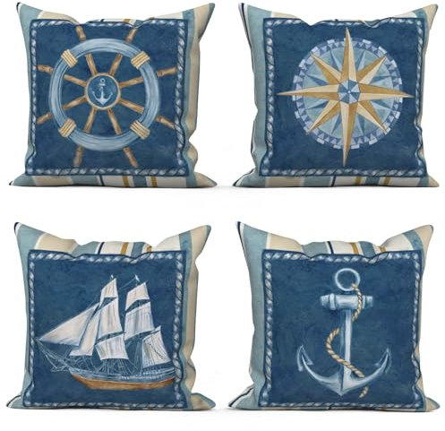 ASDCXZ Maritim Kissenbezug 40x40 cm 4er Set, Blau Beige Anker Kompass Segelboote Sofa Dekokissen Kissenbezüge Kissenhülle Waschbar Polyester Flachs Textil Outdoor Kopfkissenbezug Kissen Bezug