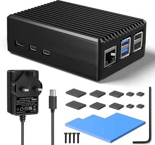 Miuzei Case per Raspberry Pi 5 in Alluminio con Alimentatore 27W 5.1V 5A - Compatibile con 8GB/4GB - Raffreddamento Passivo Metal Case
