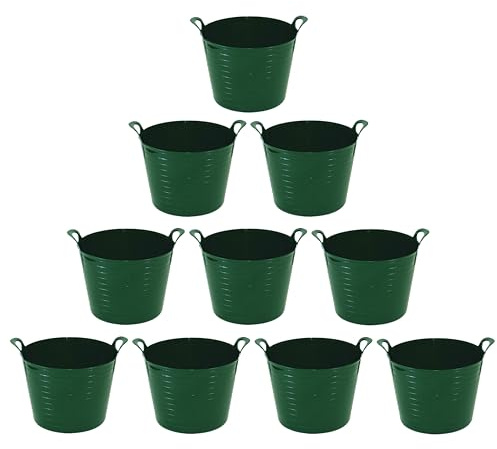 [Set Of 10] - Dark Green 42L Litre LARGE Multipurpose Versatile Polythylene Flexi Tub, Laundry Tub/Toy Storage Robust Bucket with Handles For Home/Garden.
