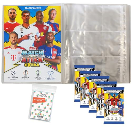 Bundle mit Match Attax Champions League 2023/24 EXTRA - Trading Cards - 1 Leere Sammelmappe + 5 Booster + Exklusive Collect-it Hüllen