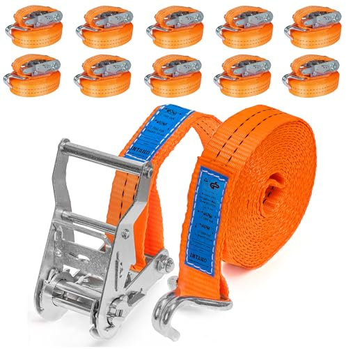 INTAKO Spanngurte mit Ratsche 2000kg x 35mm x 6m lang - Set 10 Stück - TÜV-geprüft - Zweiteilige Zurrgurte mit Haken - Ladungssicherungsset 2t für Motorrad, PKW - DIN EN 12195-2