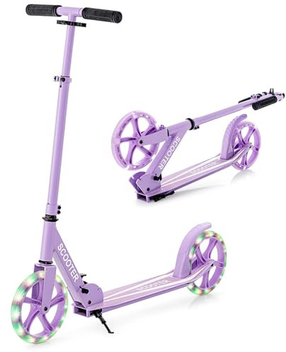 GOPLUS Scooter Kinder, Cityroller aus Aluminium bis zu 100kg, Kickscooter mit Schultergurt & LED Rädern, Tretroller klappbar & höhenverstellbar für Jungen & Mädchen ab 10 Jahren (Violett)