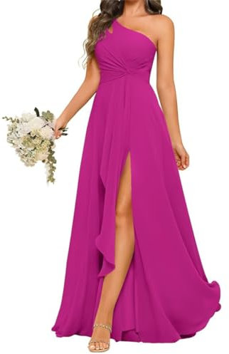 SAYNO Vestido de dama de honor de gasa con un hombro y corpiño plisado, vestido largo acampanado formal para mujer, fucsia, 52 Más