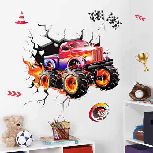 Supzone Wandtattoo 3D Rennwagen Wandaufkleber Schneller Renntruck Wandsticker Durchbrechen Sie die Wand Kunstwerk Dekor für Jungenzimmer Kinderzimmer Babyzimmer Schlafzimmer Wanddeko(60 x 60 cm)