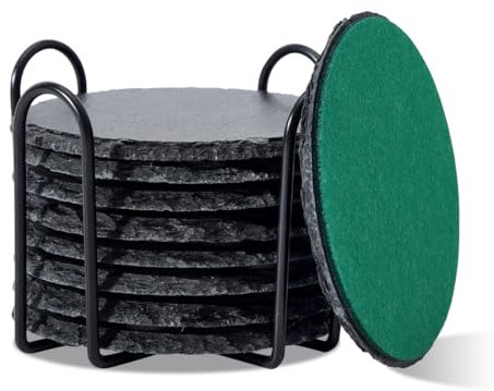 Schiefer Untersetzer für Gläser 8er Set, 10cm Rund Filz Untersetzer mit Halter, Glasuntersetzer Tischuntersetzer für Getränke, Bar, Tassen, Tischuntersetzer Getränkeuntersetzer - Dunkelgrau