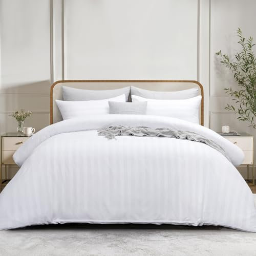 RUIKASI Double Duvet Cover Set - Hotel Quality Satin Stripes Duvet Cover with 2 Pillowcases, White Double Bedding Bed Set with Zip Fastening, Ultra Soft Quilt Bed Cover