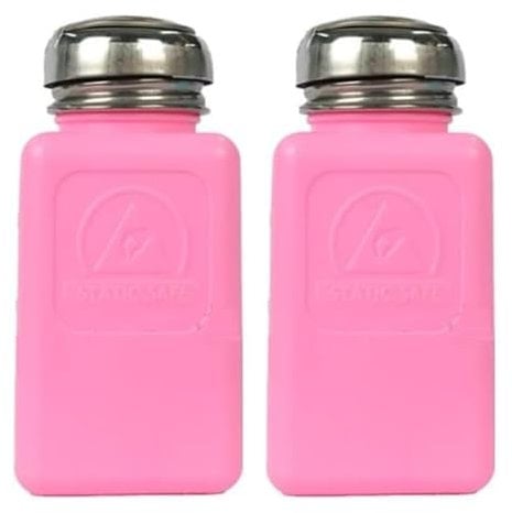 2 Pack 6 OZ / 200ml ESD Permanent Solvent Bottle | AntiStatic Square Bottle | One Touch press Stainless Steel Liquid Dispenser Pump for Rubbing Alcohol / Nail Polish Makeup Remover Dispenser, Pink