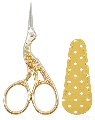 SwirlColor Stickschere, Edelstahl Storch Fadenschere Kleine Handwerksschere zum Nähen von Kreuzstich Nadelarbeit Faden mit PU Schere Abdeckung mit Gold