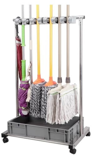 Mop and Broom Holder, Removable Trolley Broom, Broom Wardrobe Cabinet, Cleaning Supplies Storage Box, Garage Garden Cleaning Cart (Color: Silver, Size: 10 Hanging Clips) (Silver 9 hanging clips) (Sil