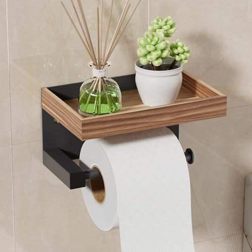 SWTYMIKI Toilettenpapierhalter Ohne Bohren - klopapierhalter mit Ablage für Badezimmer, Edelstahl Klorollenhalter Wandmontage, wc Papier Halterung, Selbstklebend or Bohren, Braun