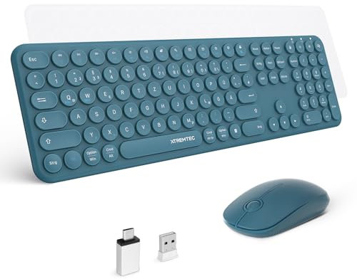 XTREMTEC Volle Größe Kabellose Tastatur und Maus,USB2.4GHz Verbindung,Retro runde Schreibmaschine Tastatur,ultradünn,leise,niedliche Tastatur für Windows,Mac(Indigoblau)-Deutsche Tastatur