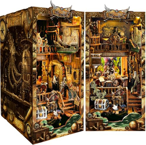 BuzzoXerex DIY Miniature House, Book Nook Kit Piratenthema, Miniatur Haus mit Staubschutzhülle, LED-Leuchten 3D Puzzles Holz für Bücherregal Deko und Kreativen Geschenken (Veue Welt)