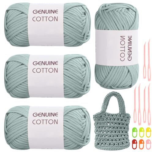 RANJIMA Meergrün Garn, 4 Stück Einfach Garn, Häkelgarn für Anfänger, Gut Sichtbare Maschen Garns Zum Häkeln mit Häkelzubehör, Baumwoll-Nylon-Garns für Kleidung, Decken, Taschen, Pullover