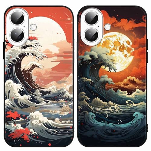 Yimctoie 2 Stück Handyhülle für iPhone 16 Hülle 6,1,Japanische Art Anime Aesthetic Wellen mit Muster Case,Ästhetik Schutzhülle Schwarz Weich Silikon TPU Stoßfeste Kratzfest Cover für iPhone 16