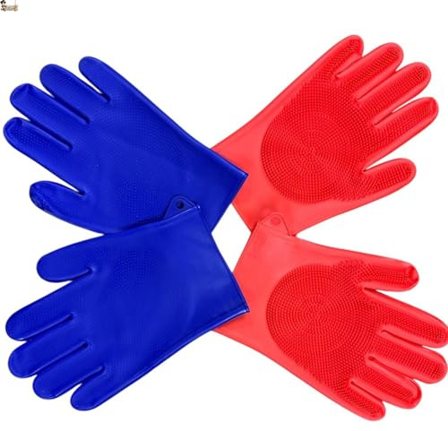 BricoLoco.com Pack 2 Pares de guantes de silicona con dedos para horno y cocina. Mejor que las manoplas. Guantes para sacar cosas del horno. 2 en 1. Resistentes al calor y con estropajo (2)