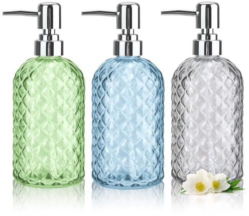 RETON 3 Pack Hand Wash Dispenser, 16 Oz Clear Glass Soap Dispenser with Rust Proof Plastic Pump, Refillable Liquid Soap Dispenser Bathroom, Hand Soap Dispenser for Kitchen Countertop