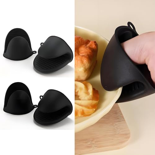 Silicone Oven Mitts for Air Fryer, 2 Pair Thicken Mini Oven Gloves Heat Resistant for BBQ,Cooking,Baking (Black, Dark Gray)