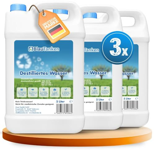 Blautanken 3X Destilliertes Wasser 5l Kanister - Demineralisiertes Wasser gemäß VDE 0510 - Destiliertes Wasser für Auto, Aquarium, Dampfbügeleisen u.v.m. - Distilled Water - Chemisch rein